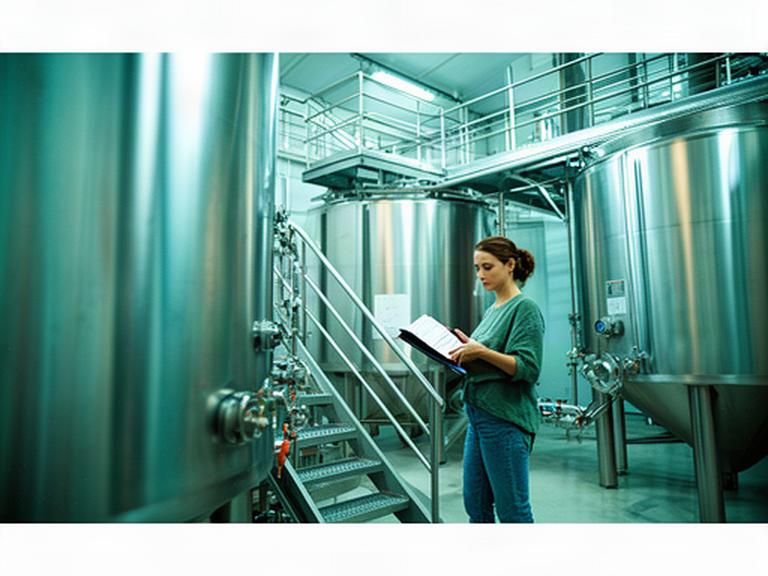 Técnica de calidad revisando depósitos de acero y registros de producción en una bodega valenciana