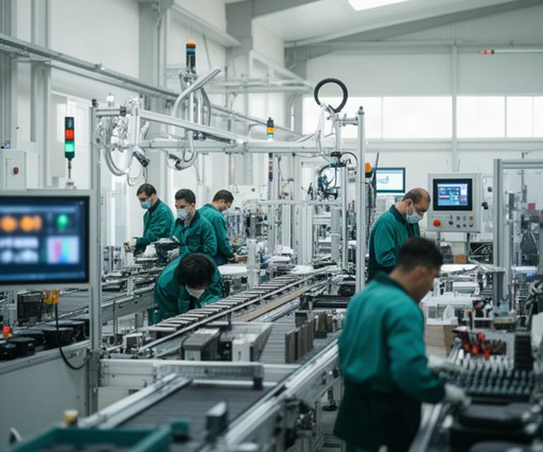 Línea de fabricación industrial en una planta valenciana, con maquinaria, operarios y paneles de control en el área de producción